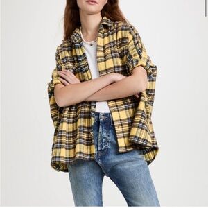 R13 Plaid Flannel Oversized Boxy Button Down Shirt Short Sleeve Yellow Medium